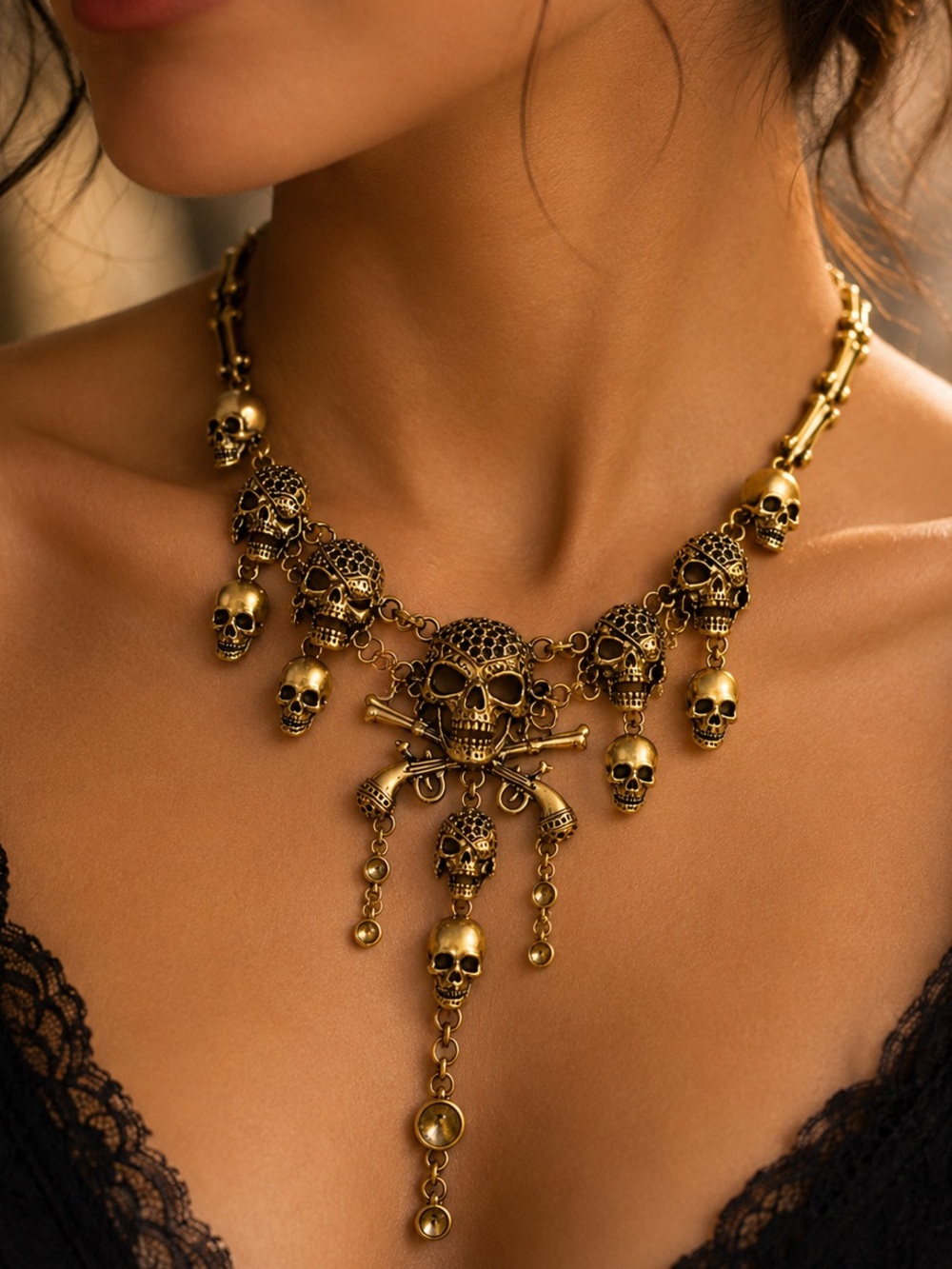 Gold Gothic Skull Pendant Statement Necklace - Women Jewelry